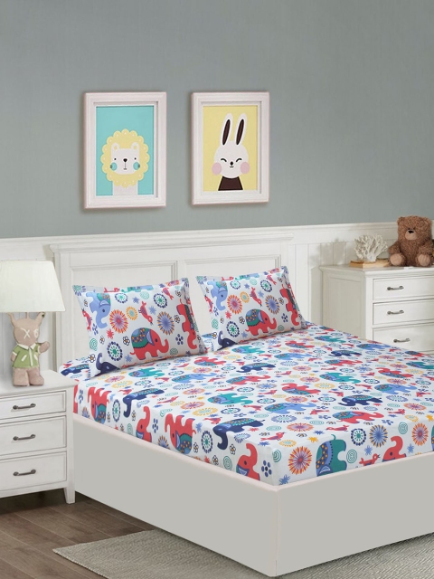 

Yellow Kite White Graphic 144 TC Cotton 1 Queen Bedsheet with 2 Pillow Covers