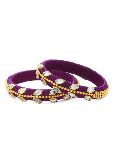 

AKSHARA Girls Set of 2 Purple & Gold-Toned Kundan-Studded Handcrafted Bangles