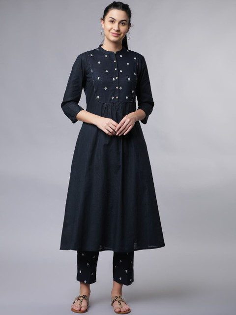 

Vishudh Women Navy Blue & White Yoke Design A-Line Kurta with Palazzos