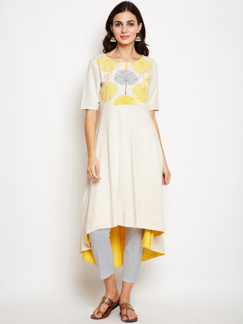 

studio rasa Women Off-White Hand Block Printed A-Line Kurta