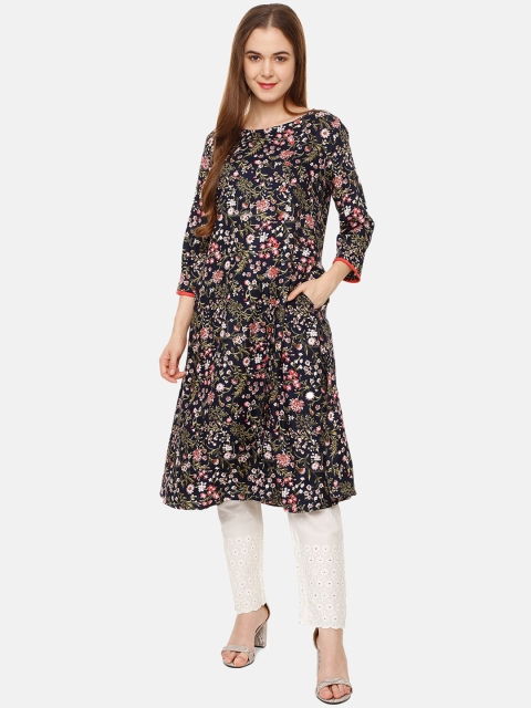 

People Women Navy Blue & Green Printed A-Line Kurta
