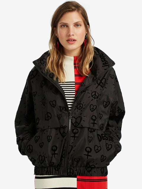 

Desigual Women Black Printed Lightweight Padded Hooded Jacket