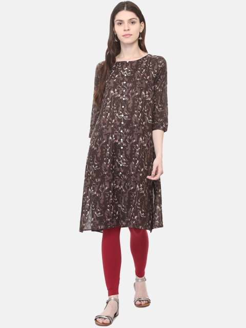 

People Women Brown & White Printed Straight Kurta