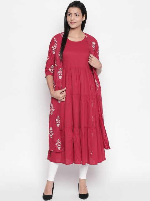

RANGMANCH BY PANTALOONS Women Coral Red Printed A-Line Kurta With Ethnic Shrug
