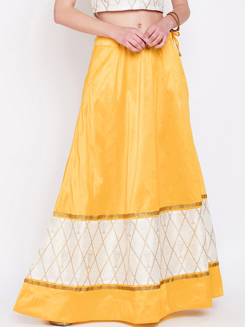

Studio Rasa Women Yellow & Off-White Dupion Hand Block Printed Colourblocked Skirt