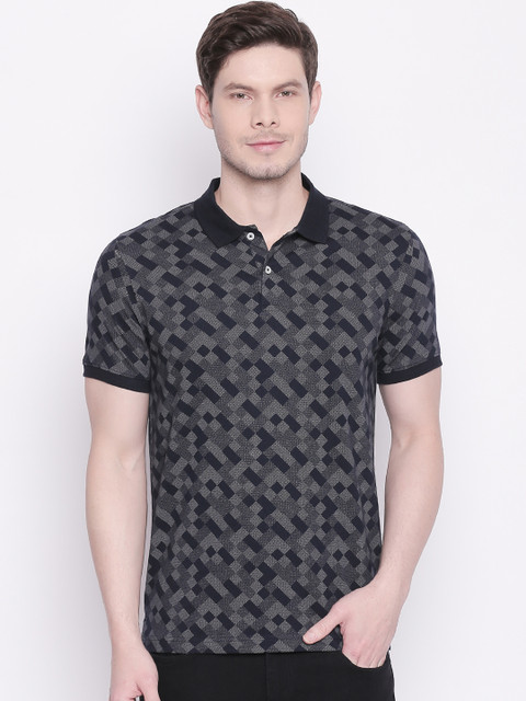 

BYFORD by Pantaloons Men Navy Blue Self Design Polo Collar T-shirt