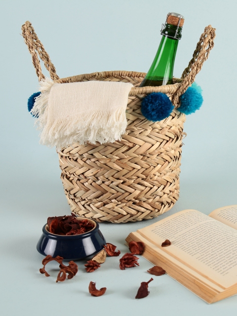 

Chumbak Brown & Blue Boho Pom Pom Storage Basket