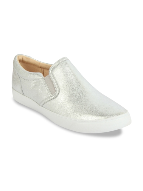 

Clarks Women Silver-Toned Leather Slip-On Sneakers