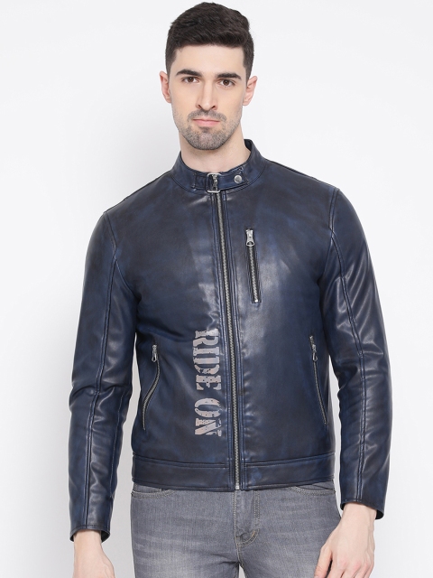 

Justanned Men Blue Printed Biker Jacket