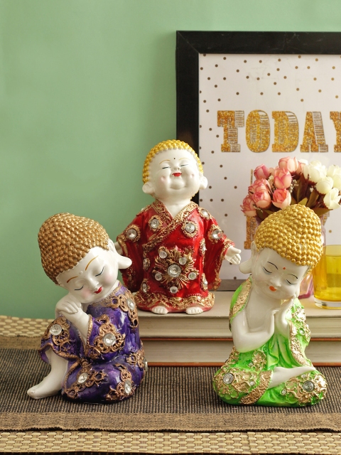 

TIED RIBBONS Set of 3 Red & Blue Lord Buddha Figurines