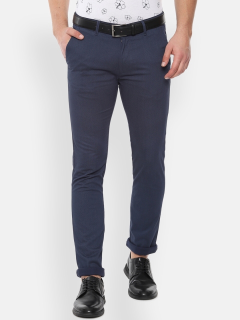 

V Dot Men Navy Blue Slim Fit Self Design Regular Trousers