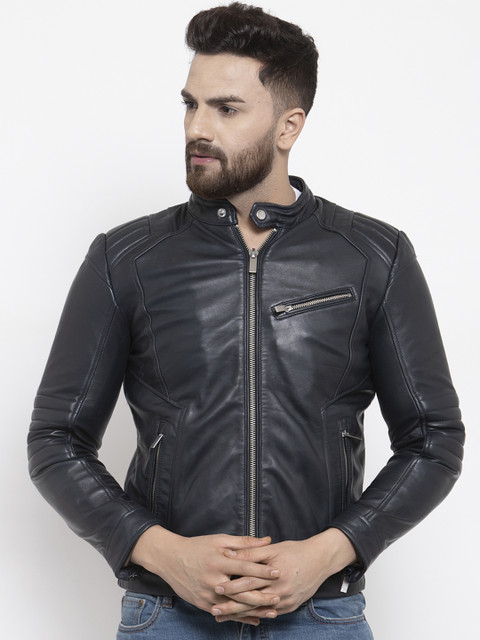 

WELBAWT Men Navy Blue Solid Lightweight Leather Jacket