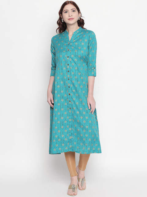 

RANGMANCH BY PANTALOONS Women Turquoise Blue Printed Straight Kurta