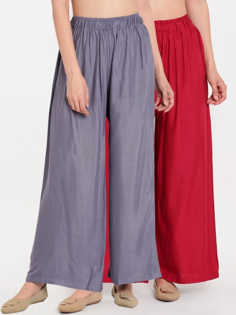 

TAG 7 Women Pack Of 2 Grey & Maroon Solid Flared Palazzos