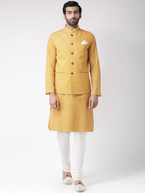 

KISAH Men Yellow & Off-White Striped Kurta & Churidar with Nehru Jacket