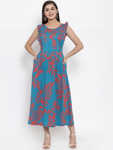 

Ayaany Women Blue & Red Tropical Print Fit and Flare Dress