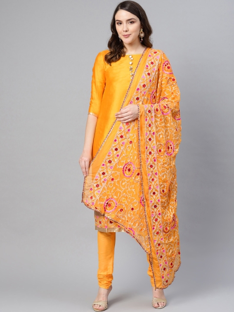 

Ishin Women Mustard Embroidered Kurta with Churidar & Dupatta