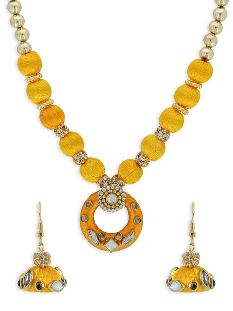 

AKSHARA Girls Yellow & Gold-Toned Kundan Studded Handcrafted Beaded Jewellery Set