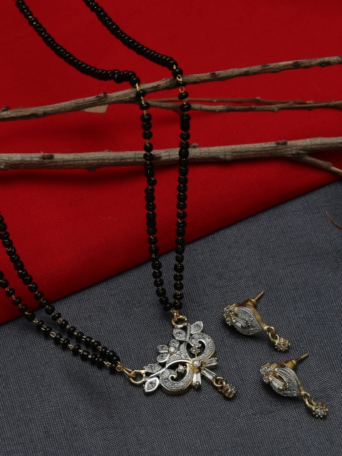 

ZeroKaata Black & Gold-Toned Beaded AD-Studded Mangalsutra With Earrings