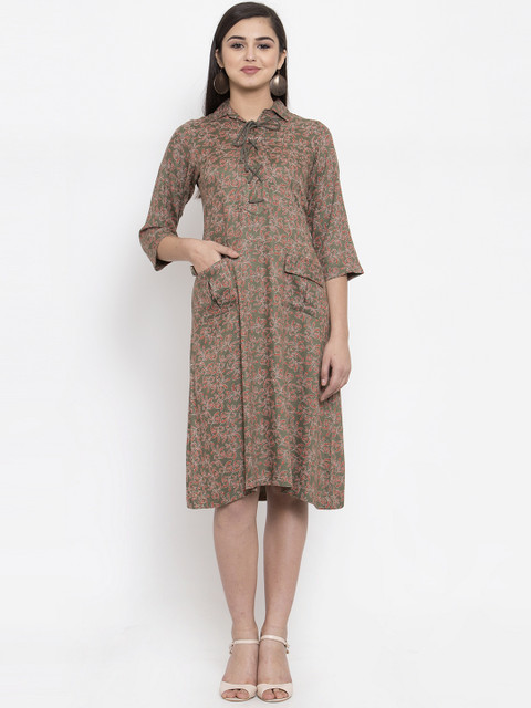 

Ayaany Women Olive Green Printed Shirt Dress