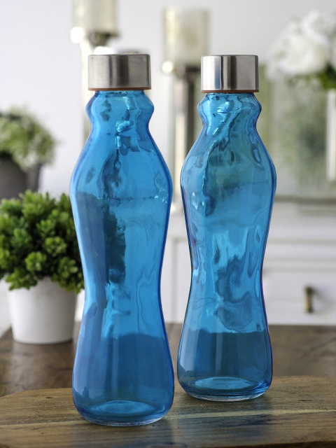

GOODHOMES Set of 2 Blue & Silver-Toned Glass Water Bottles 500ml