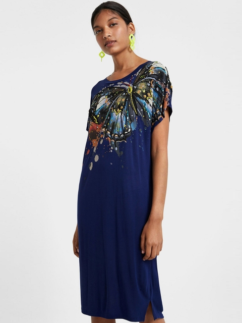 

Desigual Women Blue & Black Printed T-shirt Dress, Navy blue