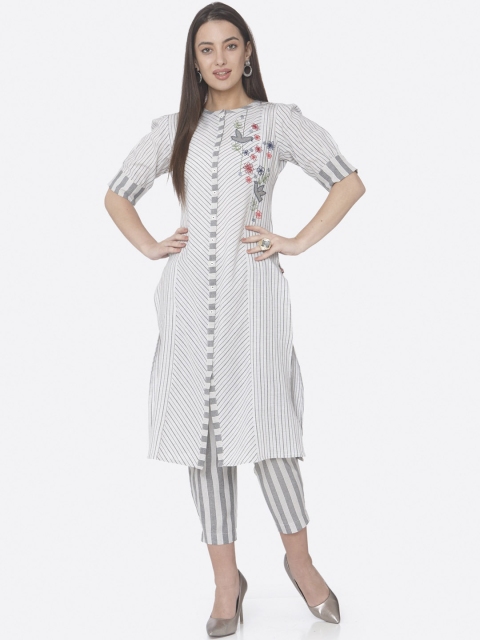 

RAISIN Women Off-White & Grey Striped Kurta with Trousers