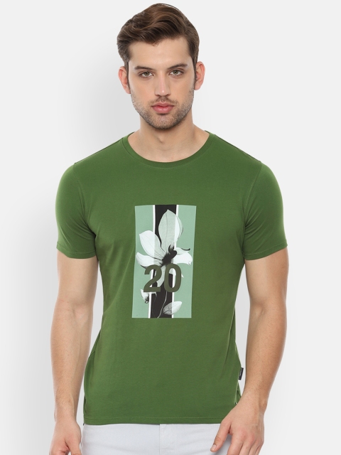 

V Dot Men Green Printed Round Neck Slim Fit Pure Cotton T-shirt