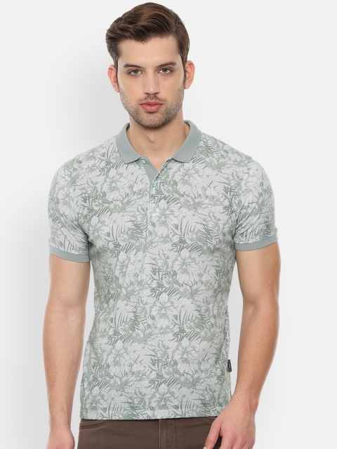 

V Dot Men Grey & White Floral Printed Slim Fit Polo Collar T-shirt