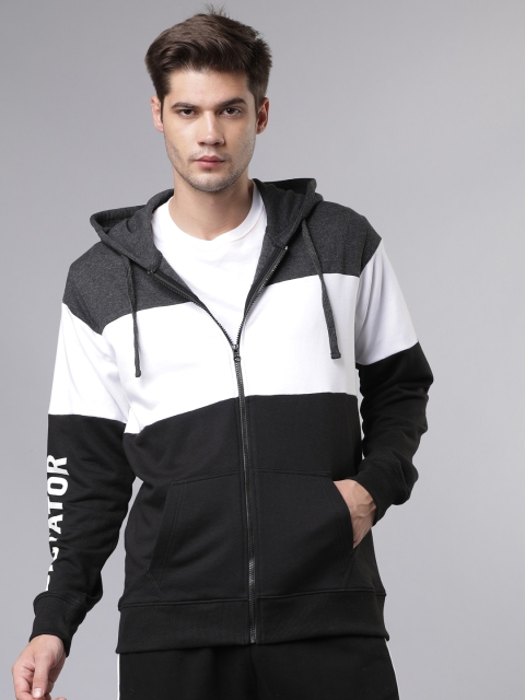 

LOCOMOTIVE Men Black & White Colourblocked Hooded Sweatshirt