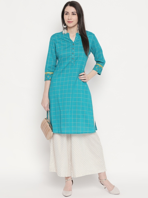 

RANGMANCH BY PANTALOONS Women Turquoise Blue & Golden Checked Straight Kurta