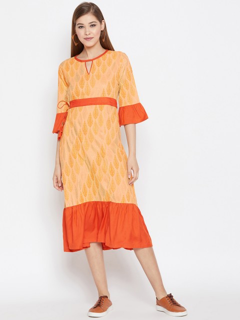 

studio rasa Women Orange Printed Fit and Flare Kurta Dress