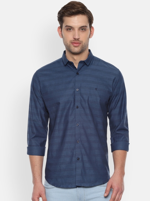 

V Dot Men Navy Blue Slim Fit Striped Casual Shirt