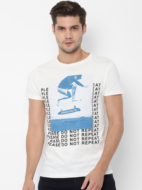 

People Men White & Blue Printed Round Neck T-shirt