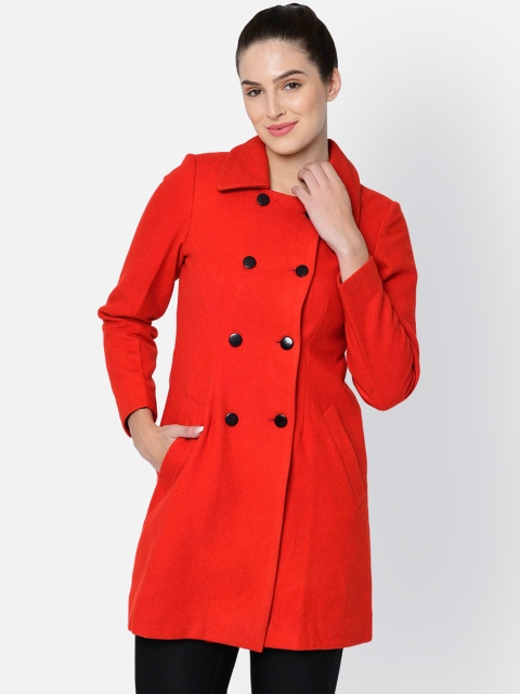 

Owncraft Women Red Solid Double-Breasted Longline Woolen Overcoat