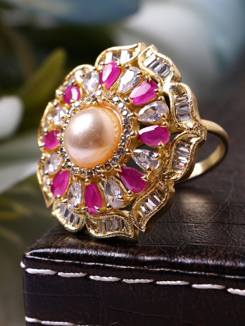 Bhana Fashion Gold-Plated & Magenta AD-Studded Handcrafted Finger Ring