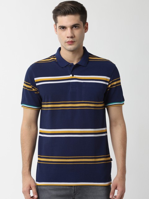 

Peter England Casuals Men Navy Blue & Yellow Striped Polo Collar T-shirt