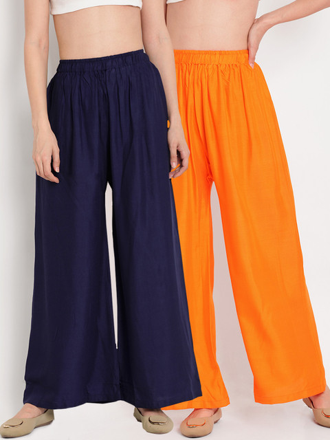 

TAG 7 Women Pack Of 2 Orange & Navy Blue Solid Flared Palazzos
