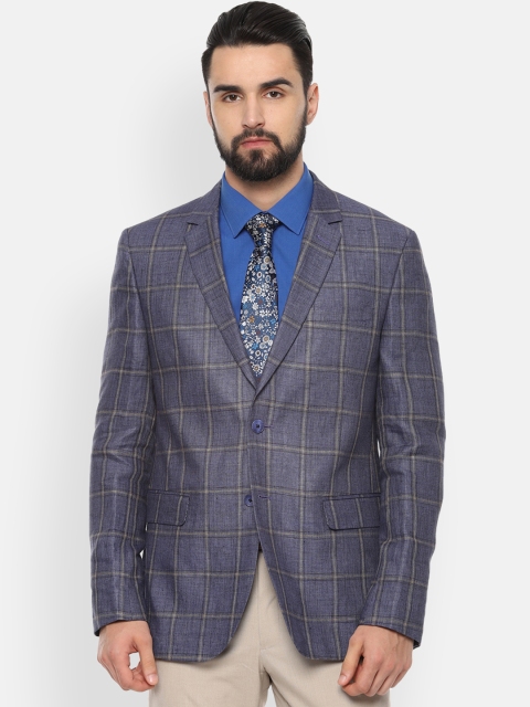 

Van Heusen Men Blue & Grey Checked Single Breasted Pure Linen Slim Fit Blazer