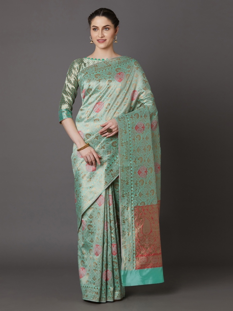 

Mitera Green Silk Blend Woven Design Kanjeevaram Saree