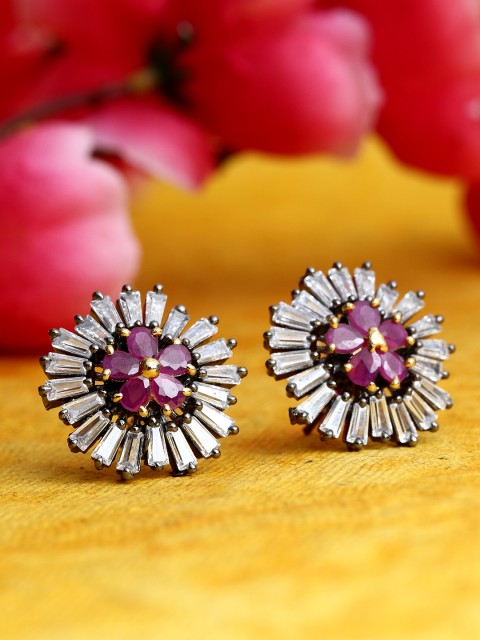 

Bhana Fashion Rhodium-Plated American Diamond Circular Studs, Magenta
