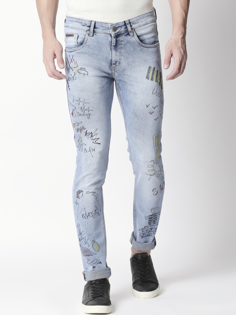 

BOLTS and BARRELS Men Blue Slim Fit Low-Rise Clean Look Printed Stretchable Jeans
