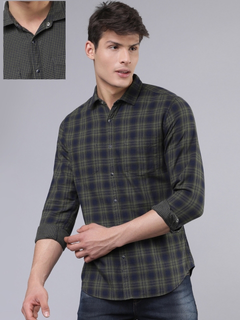 

LOCOMOTIVE Men Navy Blue & Olive Green Slim Fit Checked Reversible Casual Shirt