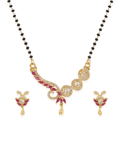 

Bhana Fashion Gold-Plated & Magenta Beaded AD-Studded Mangalsutra With Earrings