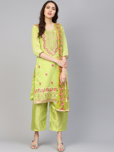 

Ishin Women Lime Green Embroidered Kurta with Trousers & Dupatta