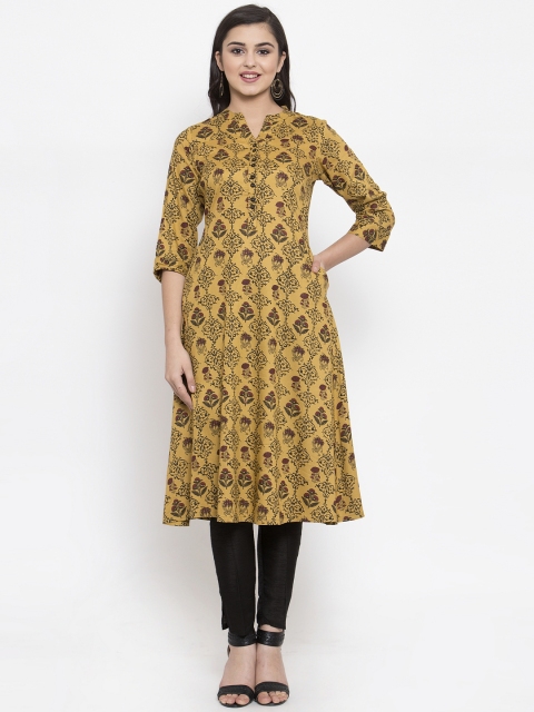 

Ayaany Women Mustard Yellow & Brown Printed Straight Kurta