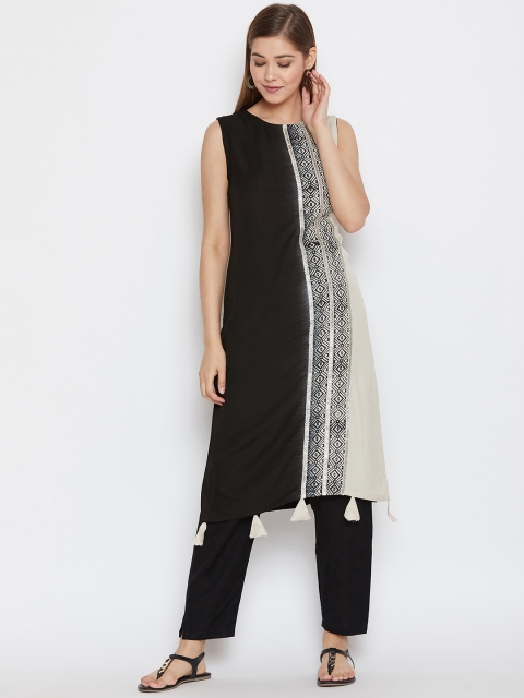 

studio rasa Women Black & Beige Hand Block Printed Straight Kurta