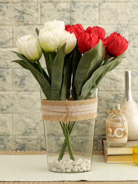 

TIED RIBBONS Set of 2 Red & White Artificial Flower Bunches With Vase