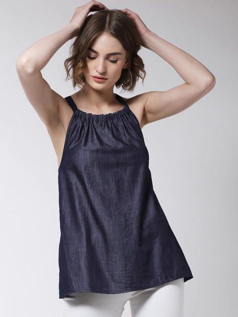 

MAGRE Women Blue Solid A-Line Denim Top