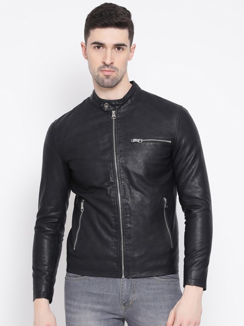 

Justanned Men Black Solid Biker Jacket